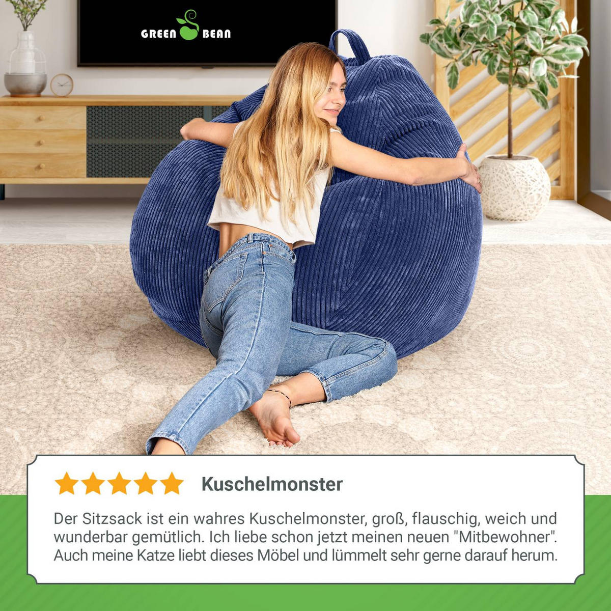 SITZSACK Indoor "Scoop" 90x110cm - Cord - Dunkelblau, Textil (90/110/90cm) - Green Bean