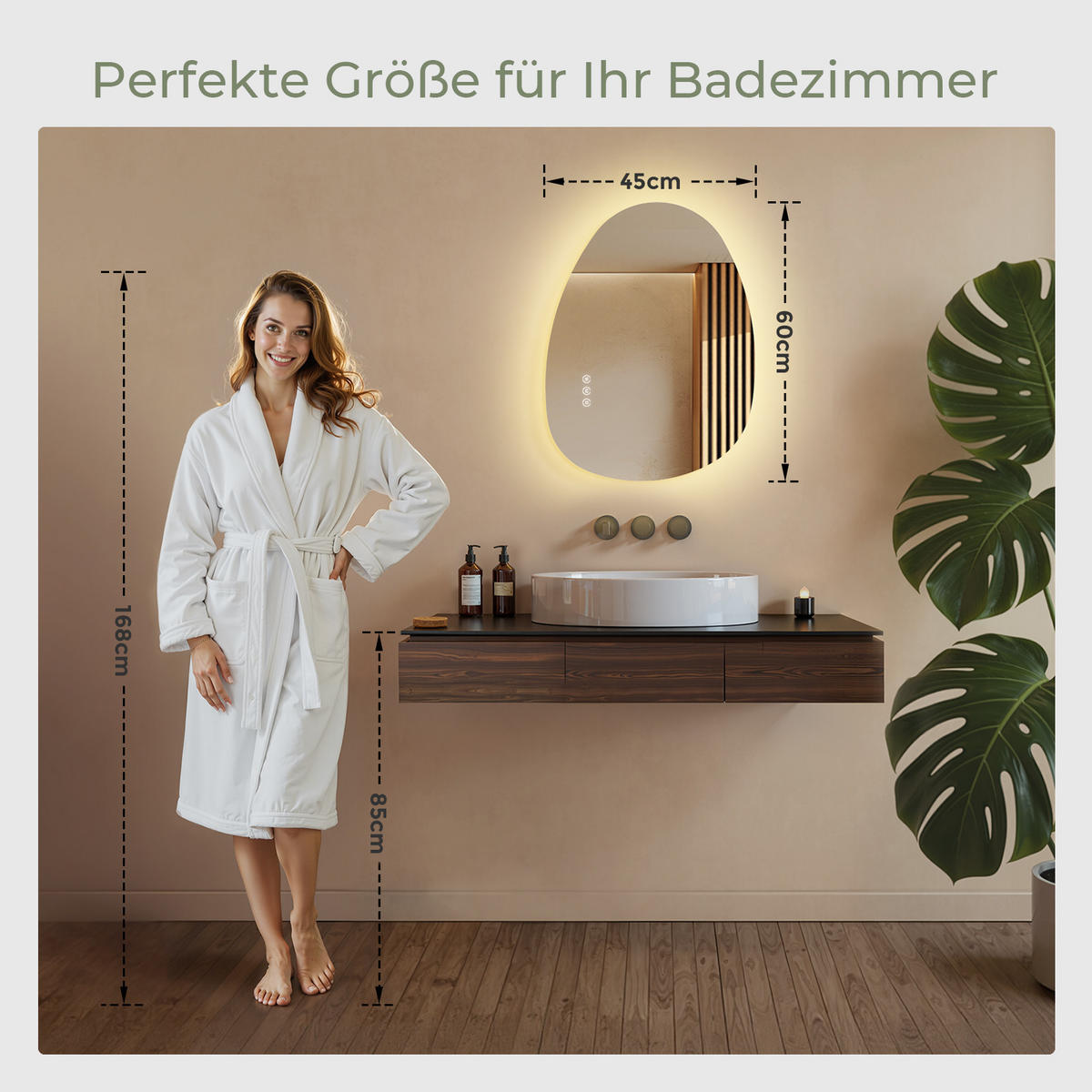 BADSPIEGEL MIT BELEUCHTUNG 60/45 cm asymmetrisch mit dimmbarer LED-Beleuchtung und Antibeschlag - Transparent, Glas (45/60/2.5cm) - S'AFIELINA