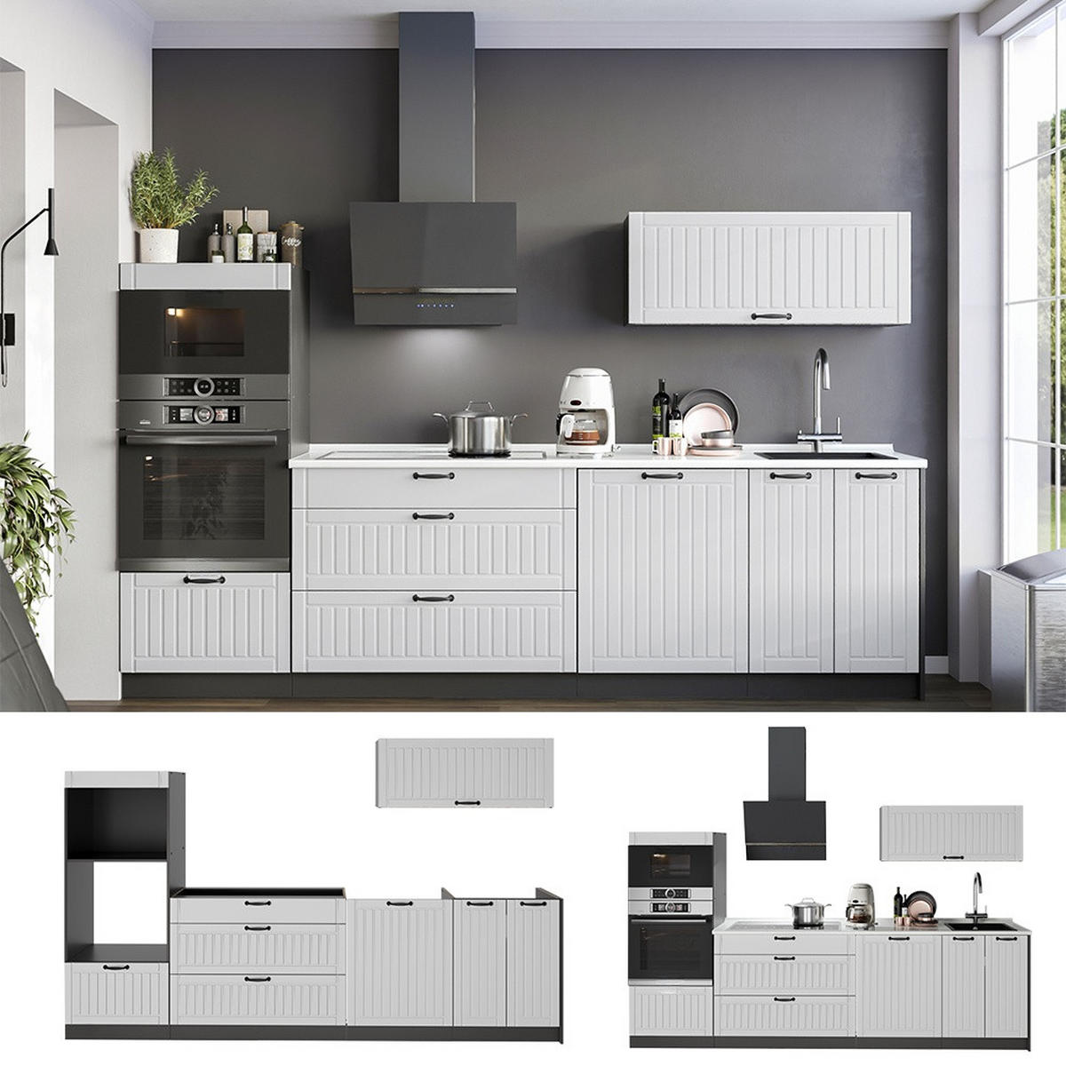 KÜCHENZEILE Fame-Line, Weiß Landhaus/Anthrazit, 280 cm, AP Marmor - Anthrazit/Weiß, Holzwerkstoff (280/153.6/60cm) - Vicco
