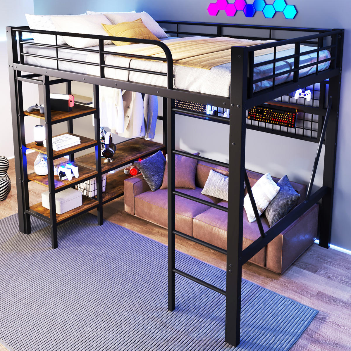 HOCHBETT 140/200 cm Schwarz aus Metall mit LED-Lichtleiste - Schwarz, Metall (140/200cm) - OKMYHOME