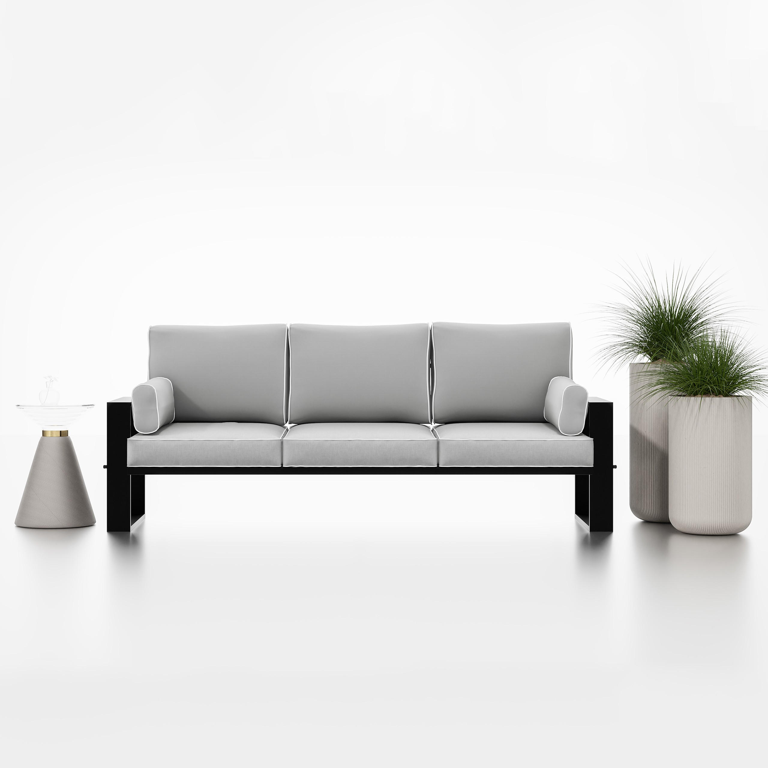 GARTENSOFA Hellgrau, Schwarze Metallbeine, 3-Sitzer - Grau, Holzwerkstoff/Metall (215/90/87cm) - Bettso