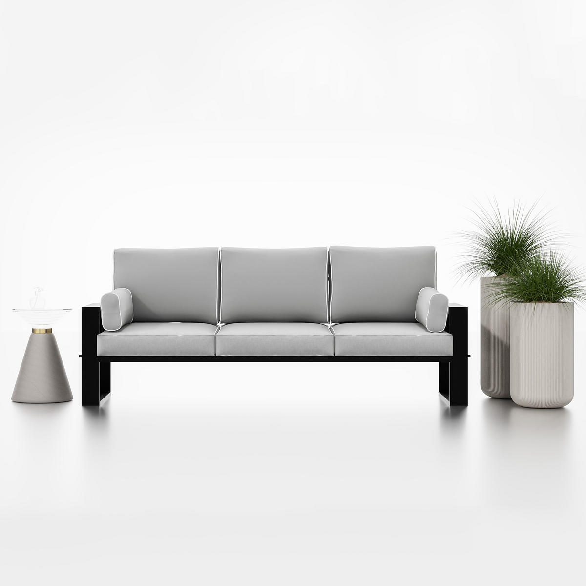 GARTENSOFA Hellgrau, Schwarze Metallbeine, 3-Sitzer - Grau, Holzwerkstoff/Metall (215/90/87cm) - Bettso