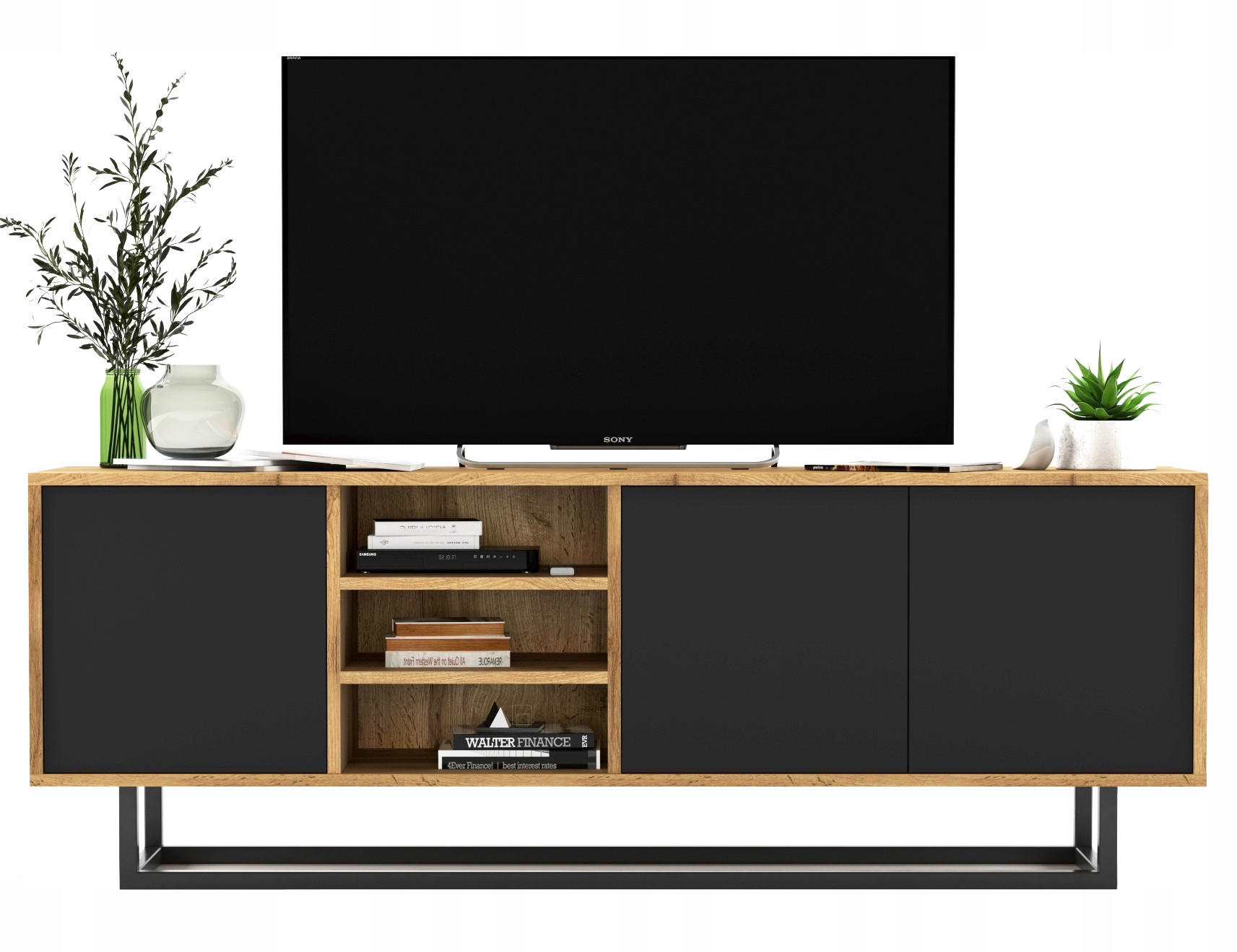 Meble Lindner TV stolek Apollo dub Wotan / černá matná 150 cm s kovovým rámem