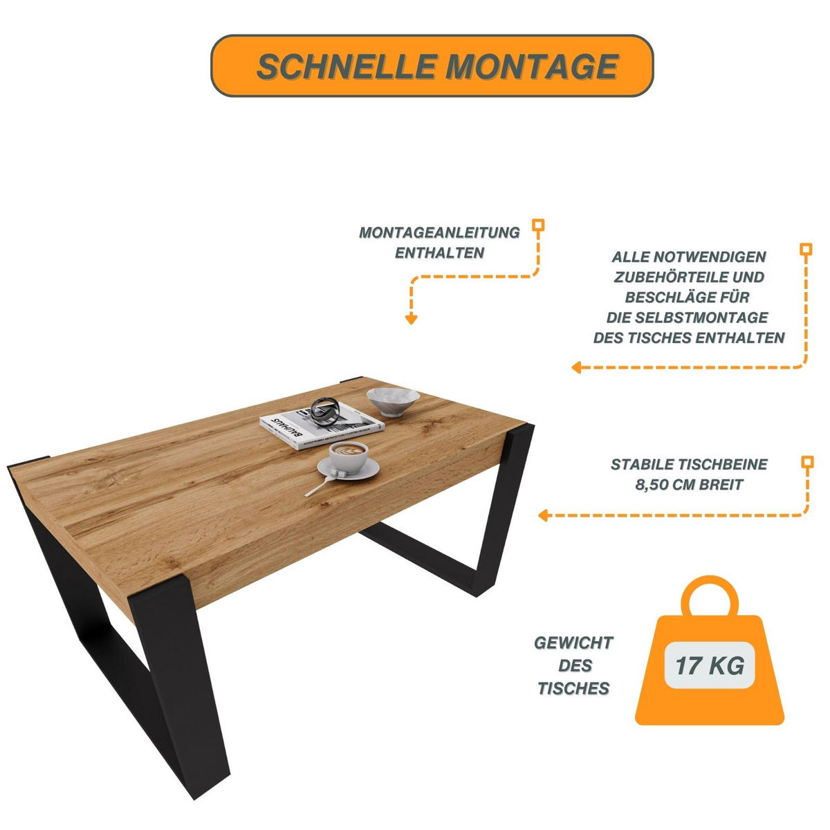 COUCHTISCH Karo II 92/44/54 - Eiche Wotan/Schwarz, Holzwerkstoff (54/92/44cm) - RAUMHIRSCH FURNITURE