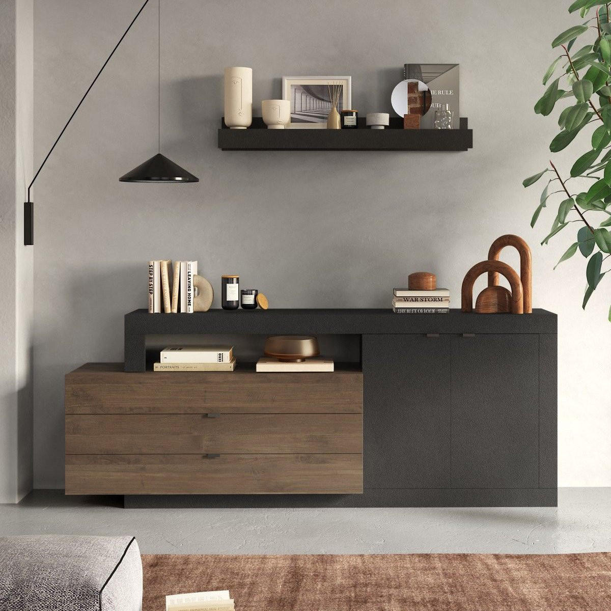 SIDEBOARD 2 Türen und 3 Schubladen L200 cm - JOURNEY - Schwarz, Holzwerkstoff (42/82/200cm) - Calicosy