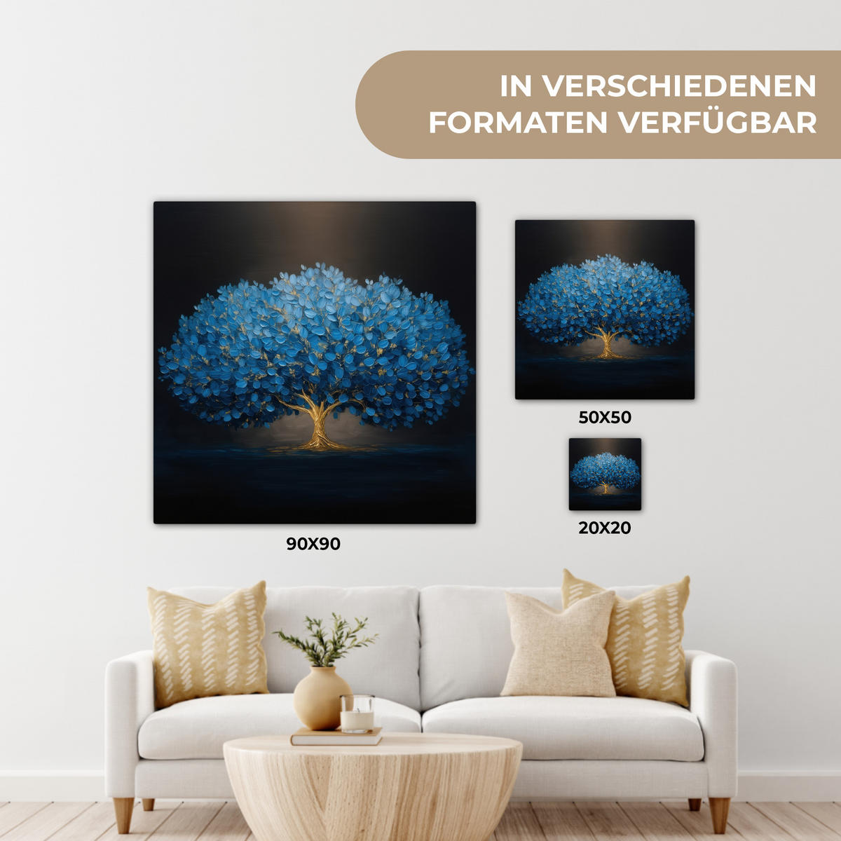LEINWANDBILD Baum - Blau - Blätter - Pinselstriche Deko Groß 90x90 cm - Blau, Textil (90/90cm) - MuchoWow