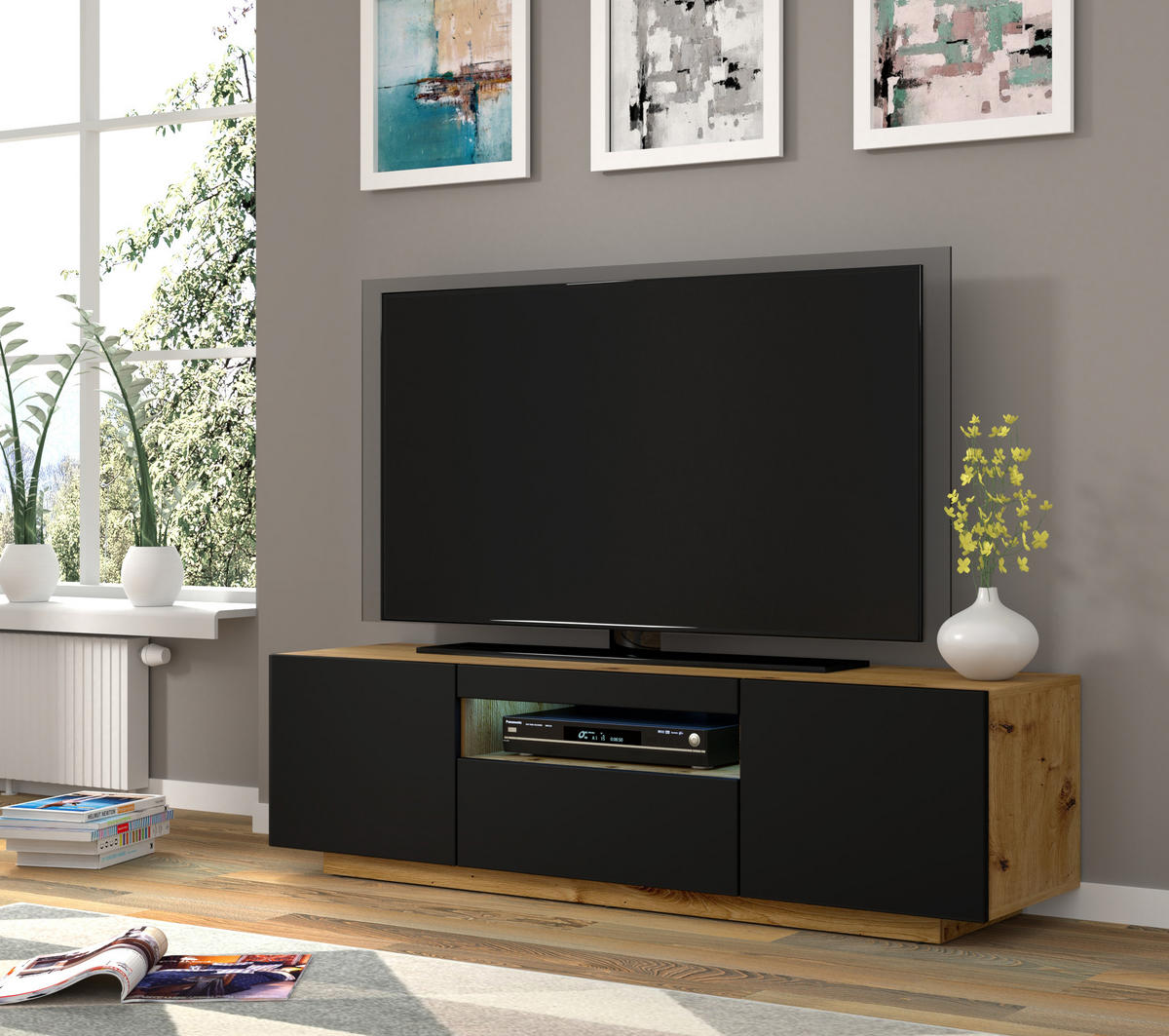 TV LOWBOARD Artisan Eiche, Schwarz 150/42/37 - Schwarz/Eiche Artisan, Holzwerkstoff (150/42/37cm) - RAUMHIRSCH FURNITURE