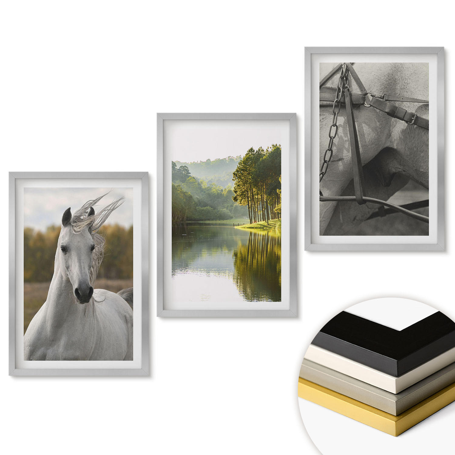 WANDBILDER 3er Set - 40x60 cm Silberner Rahmen - Natur des Flusses White Horses - Silberfarben, Kunststoff (40/60cm) - ArtPrintCave