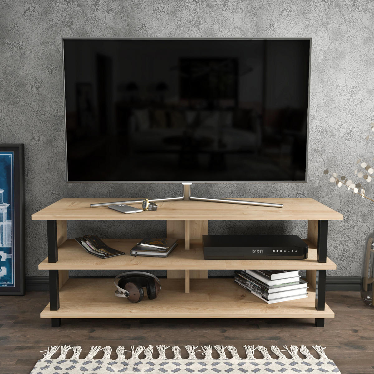 TV Board Pueblo Schwarz-Eiche - Eichefarben/Schwarz, Holzwerkstoff (120/47/45cm) - Decorotika