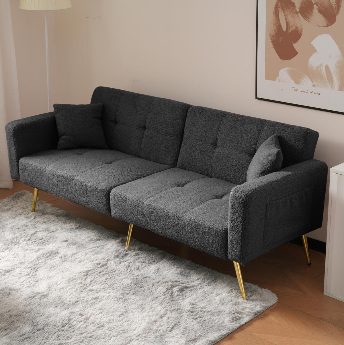 SCHLAFSOFA 175/64/72 cm in Antikgrau – verstellbar mit Seitentaschen - Dunkelgrau, Kunststoff (175/72/64cm) - BEAOK