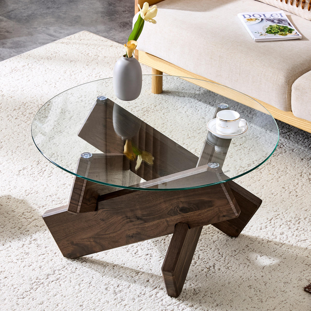 KLUBSKA miza iz MDF-ja in stekla, Ø 79/45 cm prozorna/oreh - prozorna, leseni material (79/79/45cm) - BEAOK