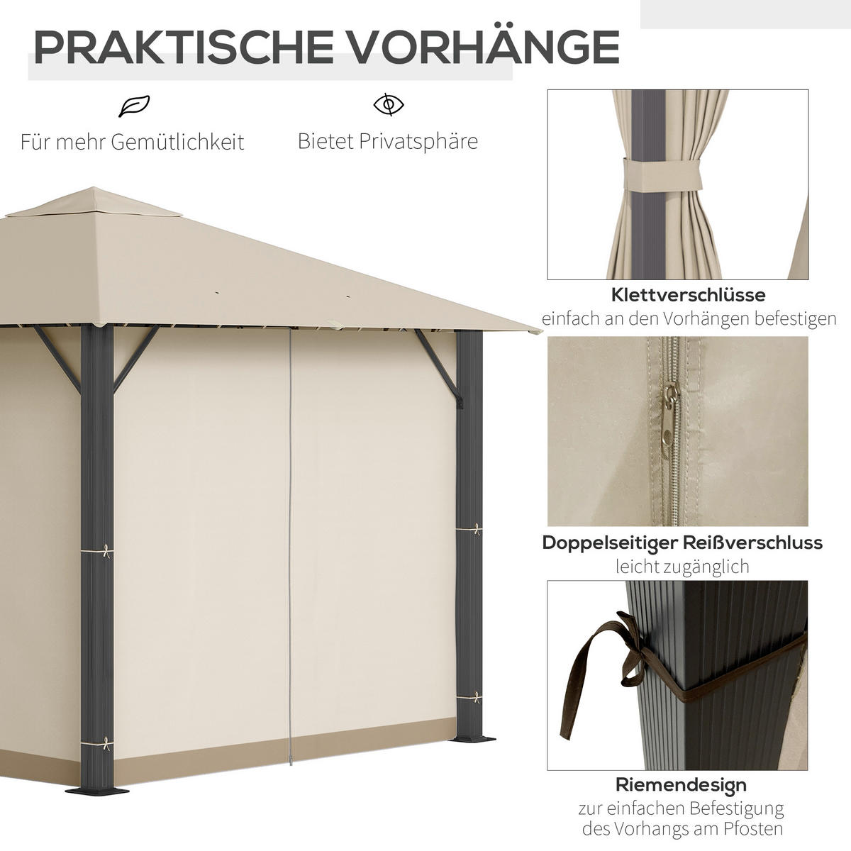 GARTENPAVILLON Pavillon 3 x 3 m mit Seitenteile Belüftungslöcher Alu khaki - Braun, Metall (2.97/2.6/2.97cm) - Outsunny