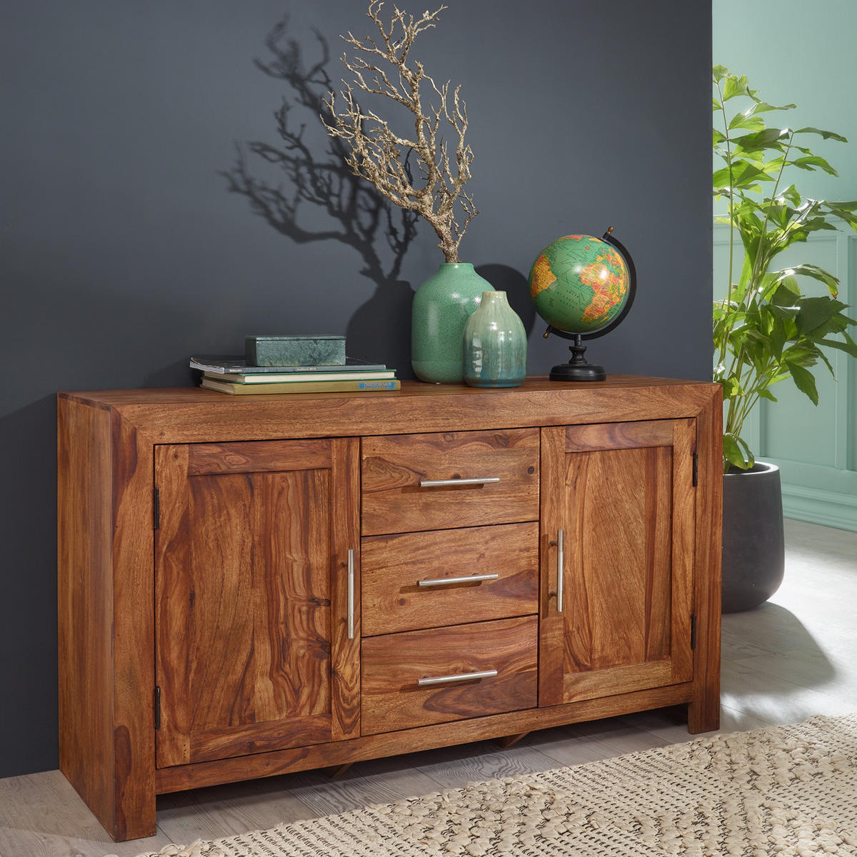 SIDEBOARD – Massivholz, 3 Schubladen, 2 Türen, Landhausstil - Braun, Holz (118/70/40cm) - KADIMA DESIGN