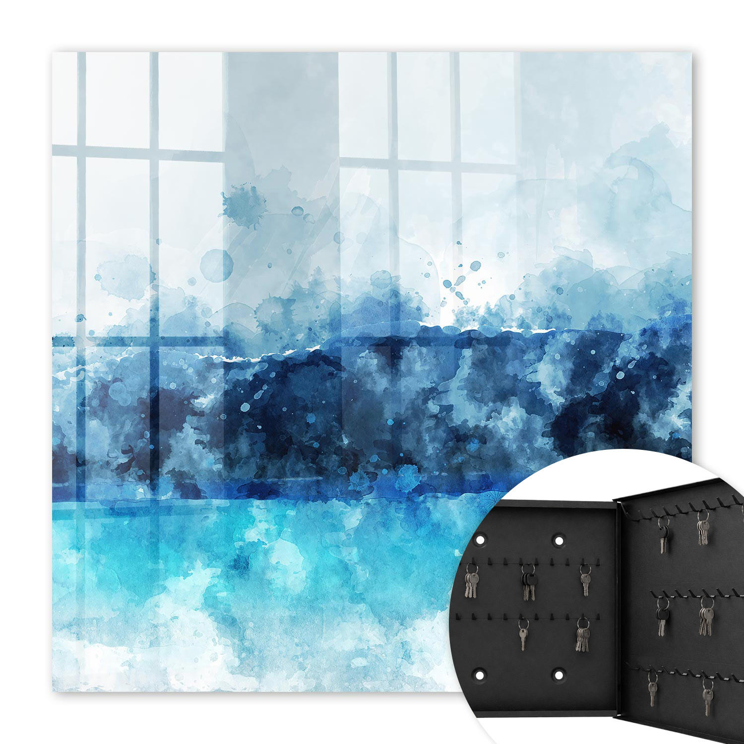 SCHLÜSSELBOX Schwarz 30x30 cm- Türöffnung nach rechts - Türkisfarbene Landschaft - Blau, Metall (30/30/5cm) - TULUP