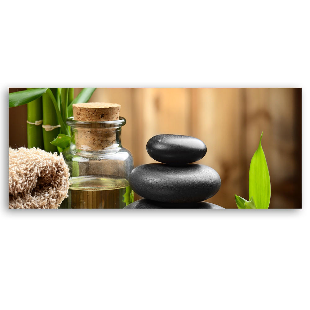 WANDBILD zen komposition aus schwarzen steinen und bambus - Grün, Textil (90/30cm) - Feeby