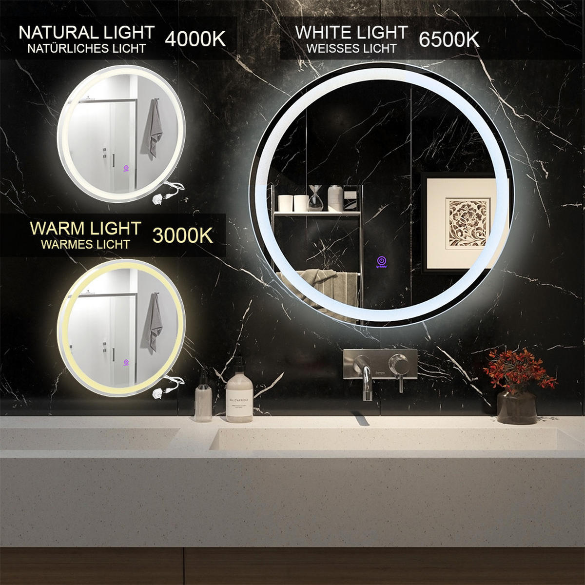 BADEZIMMERSPIEGEL Lumos Weiß 70 cm mit Touchschalter - Weiß, Glas (70/70/4cm) - Vicco