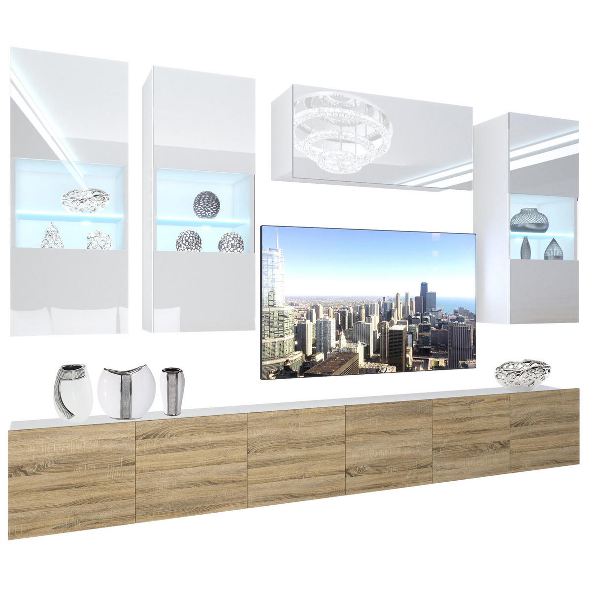 WOHNZIMMERWAND Schrankwand mit LED Weiß / Sonoma Eiche - Weiß/Sonoma Eiche, Holz (300/180/36cm) - B BELINI GROUP