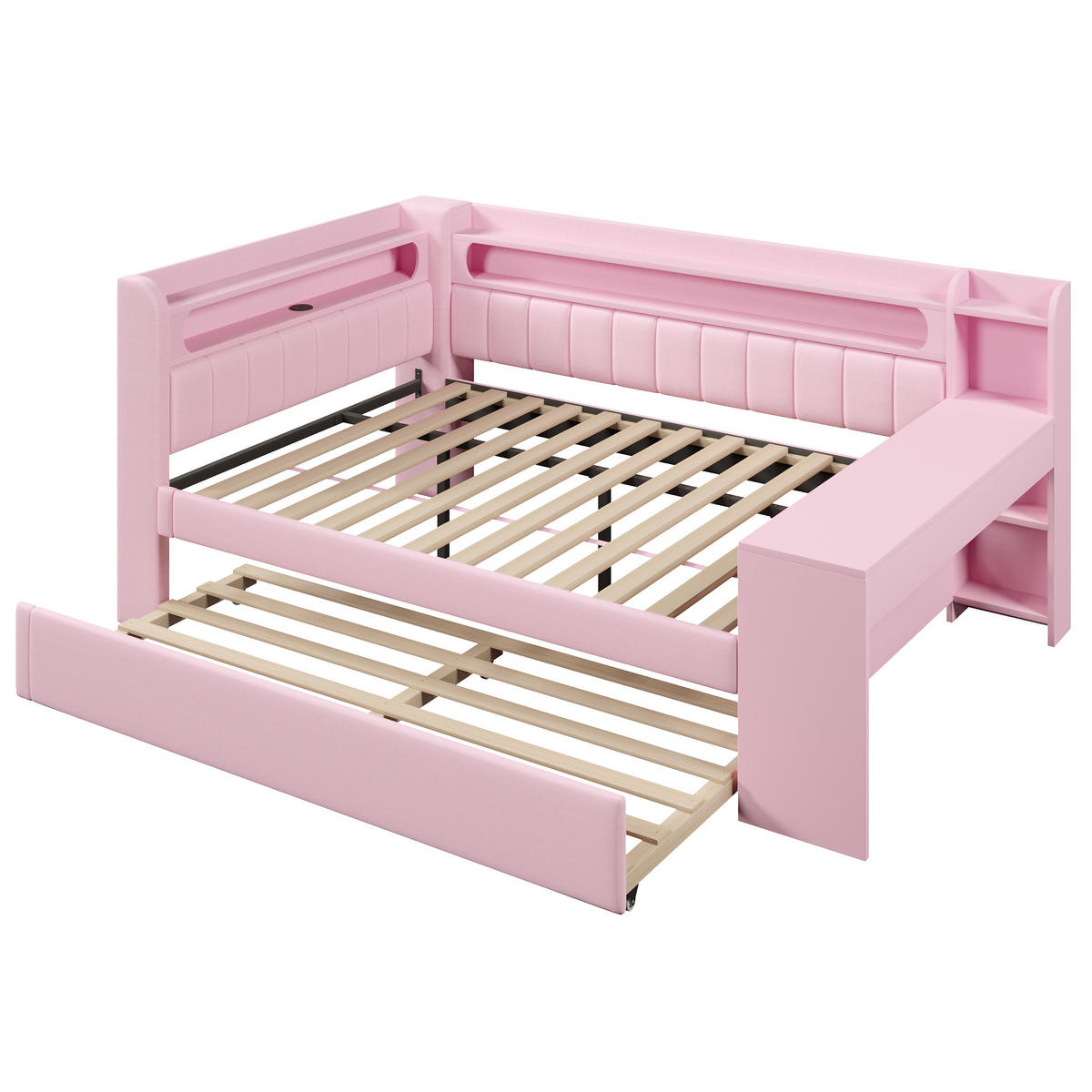 POLSTERBETT 140/200 cm rosa aus MDF mit LED und USB mit Ausziehbett und Schreibtisch - Rosa, Holzwerkstoff (140/200cm) - OKWISH