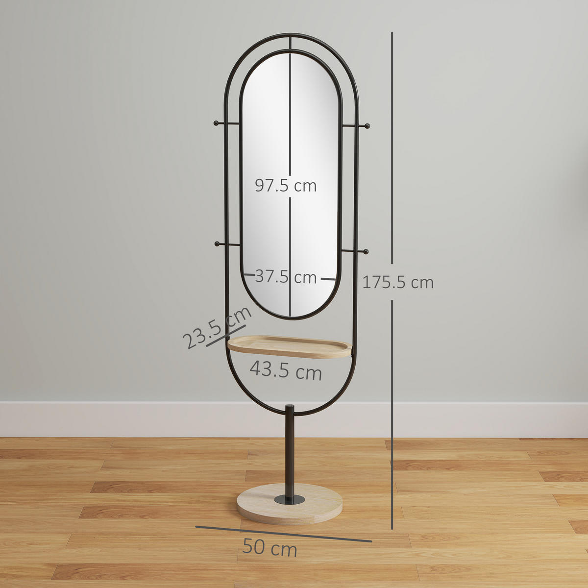 STANDSPIEGEL DE-17933 oval mit Holzablage & 4 Haken Schwarz - Schwarz, Glas (50/175.5/40cm) - ComfortXL