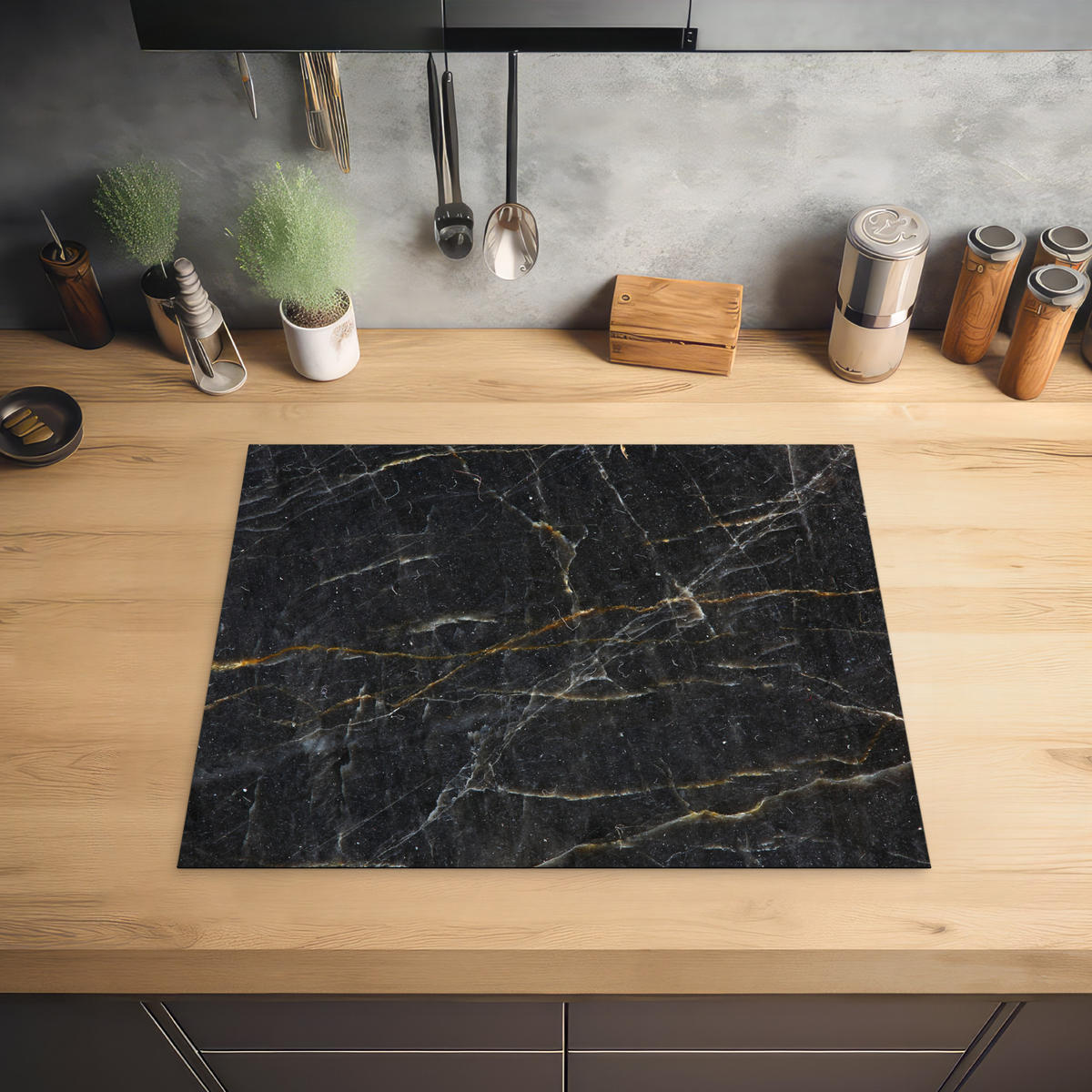 HERDABDECKPLATTE Marmor - Schwarz - Gold - Grau - Marmorstruktur 65x52 cm - Goldfarben, Kunststoff (65/0.2/52cm) - MuchoWow