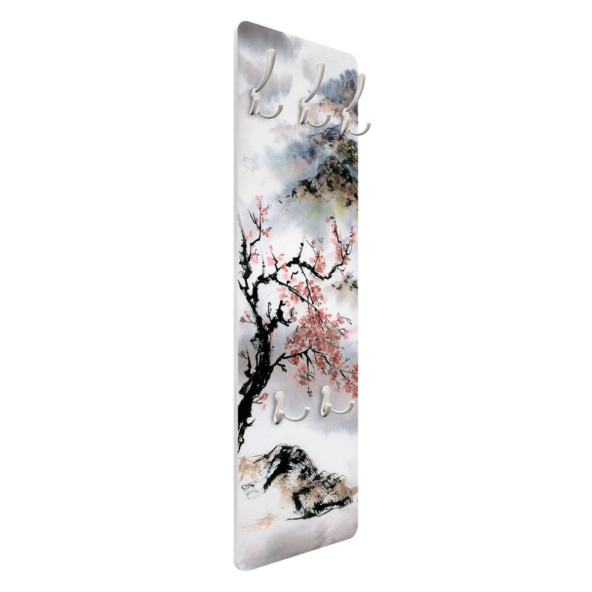 WANDGARDEROBE - Japanische Aquarell Zeichnung Kirschbaum und Berge 34/105 cm - Grau, Holzwerkstoff (34/105/1.6cm) - Bilderwelten