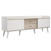 LOWBOARD Weiß aus Spanplatte mit gestreiften Schiebetüren und Massivholzbeinen 160×40×58 cm - Weiß, Holzwerkstoff (160/58/40cm) - Luhomfu
