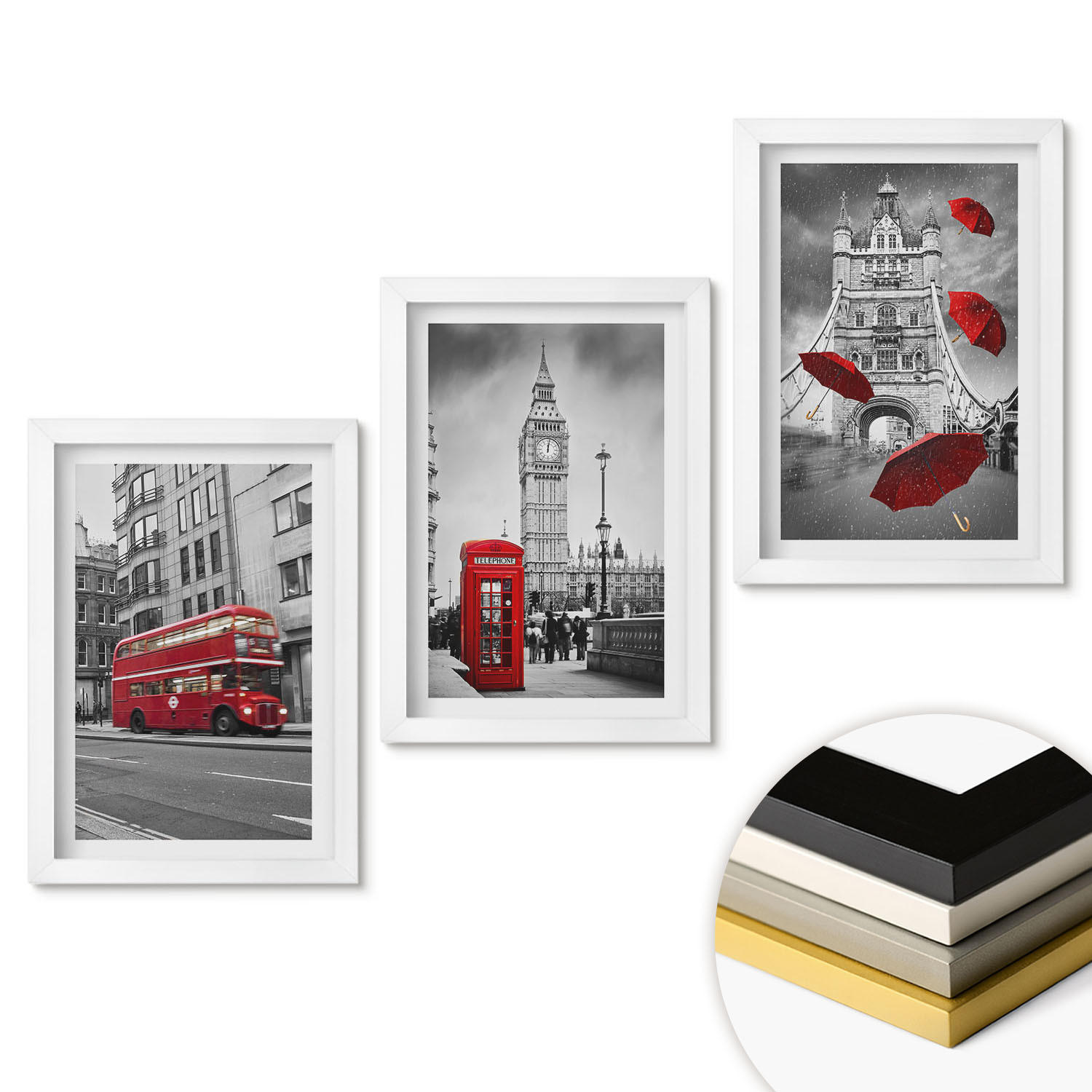 WANDBILDER 3er-Set - 20x30 cm Weißer Rahmen - Red Accents London - Weiß, Kunststoff (20/30cm) - ArtPrintCave