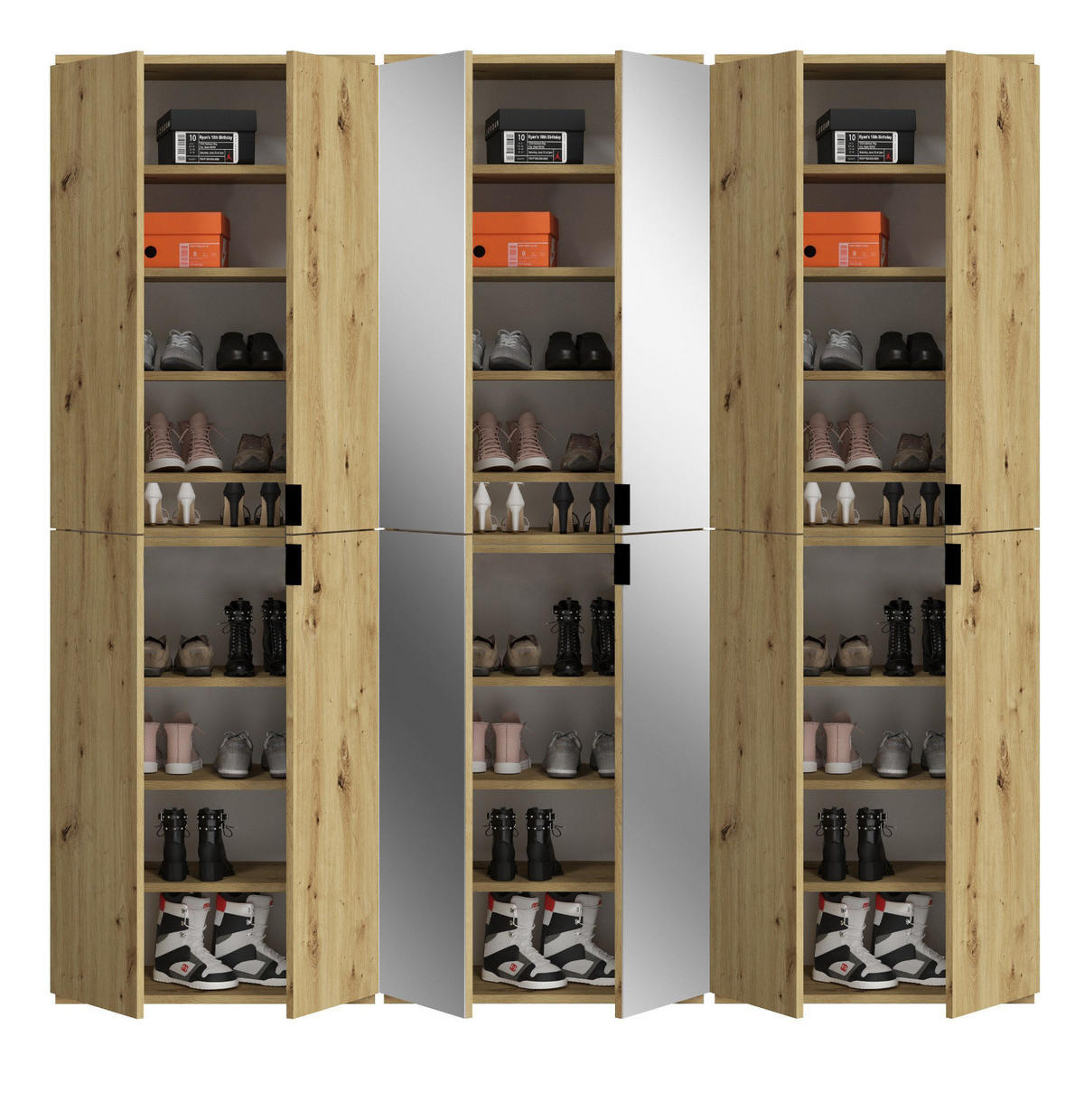 GARDEROBENSCHRANK Eiche 183 cm, Flurschrank mit Spiegel - Chromfarben/Schwarz, Glas/Holzwerkstoff (183/193/34cm) - Inn.Furn