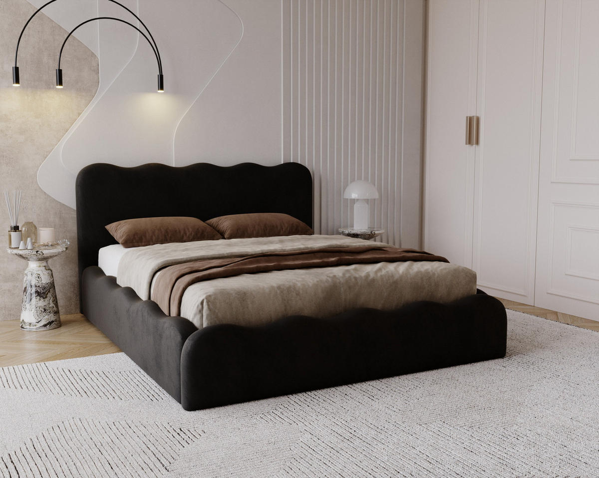 POLSTERBETT 160x200 Wave, Bettkasten, Samtstoff, Schwarz - Schwarz, Holz/Textil (160/200cm) - Emporius