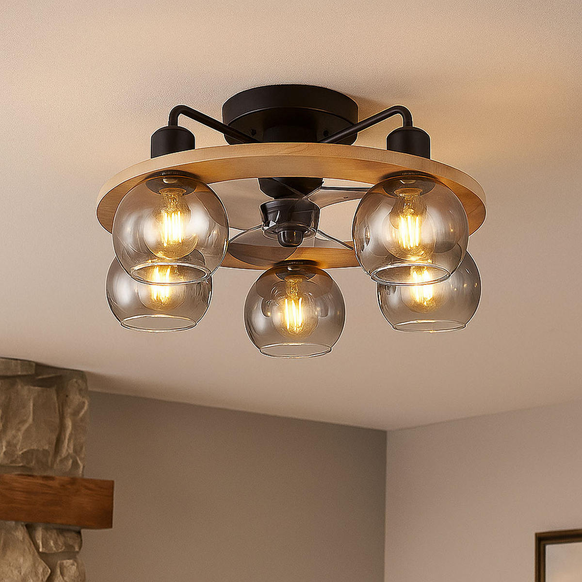 LED DECKENLEUCHTE NARINA Rauchglas Grau - Grau, Holz (55/55/21.5cm) - Globo Lighting