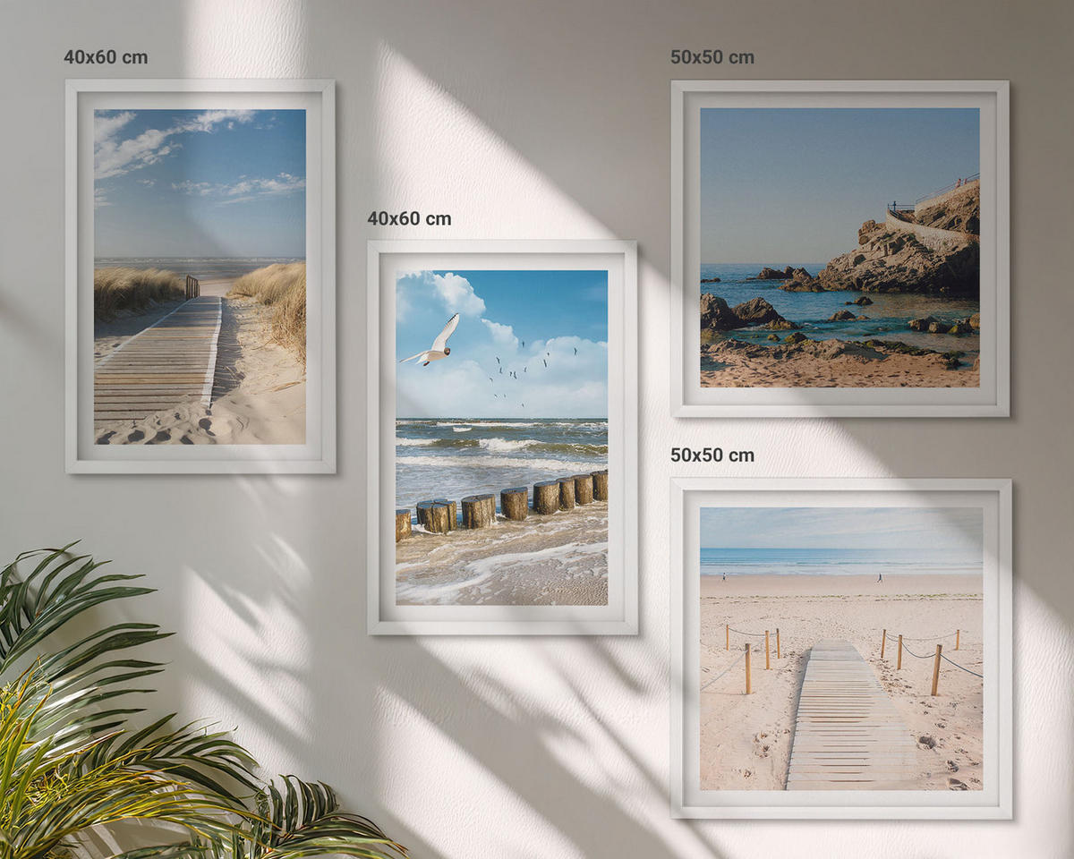 BILDER SET 4er Set - 50x50 cm & 40x60 cm Weißer Rahmen - Strand, Sand, Wellen, Himmel, Vögel - Weiß, Kunststoff (50/50cm) - TULUP