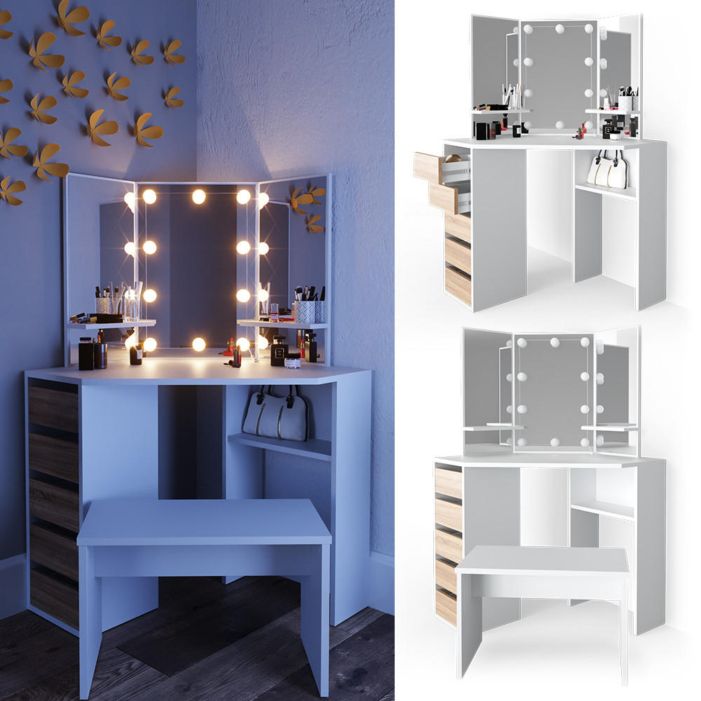 ECKSCHMINKTISCH Arielle Weiß/Sonoma 110 cm mit LED Beleuchtung und Bank - Weiß/Sonoma Eiche, Holzwerkstoff (110/141.5/54cm) - Vicco