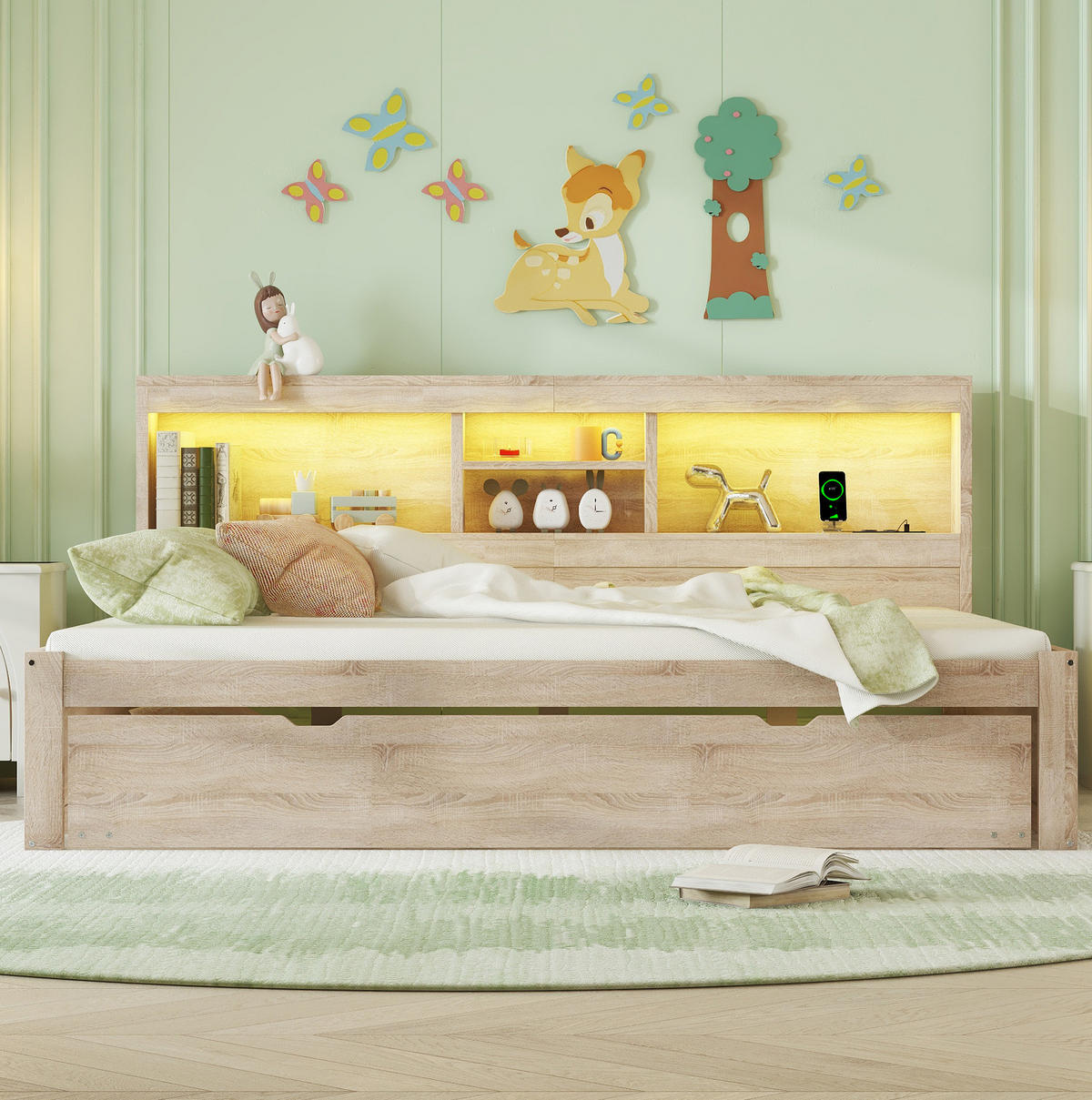 TAGESBETT 140/200 cm mit LED-Beleuchtung, Ausziehbett, Steckdose, USB und Bettfach, Natur - Naturfarben, Holzwerkstoff (140/200cm) - Redom