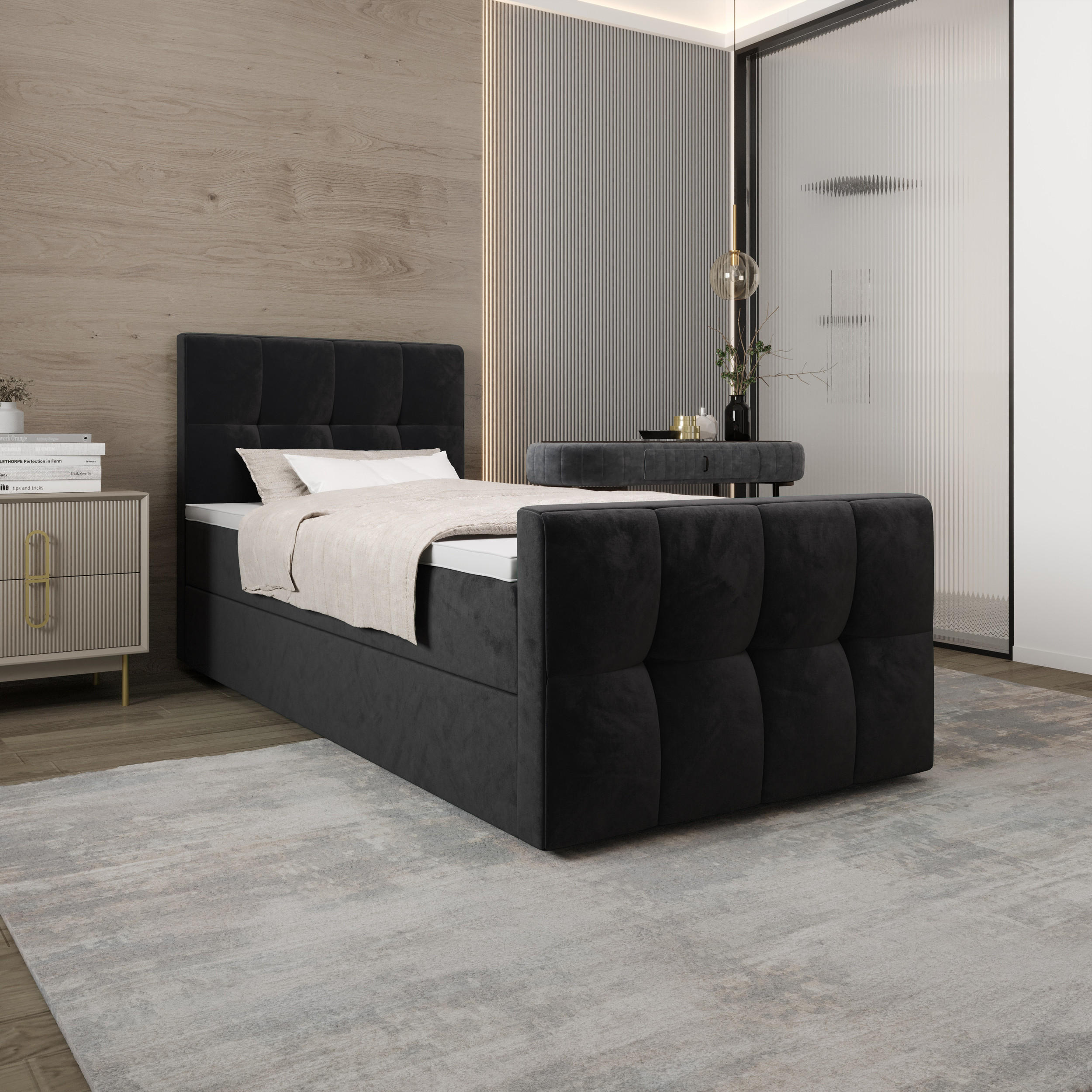 BOXBETT MANHATTAN mit Matratze H3, Bonell und Topper 120x200 Monolith 97 - Dunkelgrau, Textil (120/200cm) - Bedante