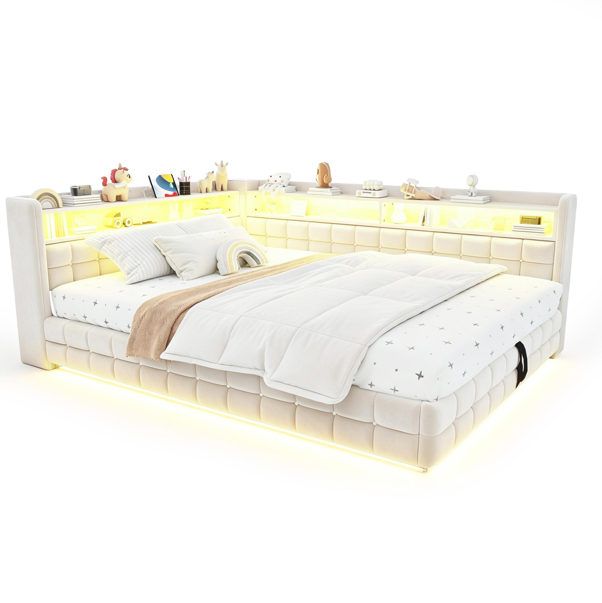 POLSTERBETT 140/200 cm aus Samtstoff mit Stauraum und LED-Beleuchtung, Beige - Beige, Textil (140/200cm) - OKMYHOME