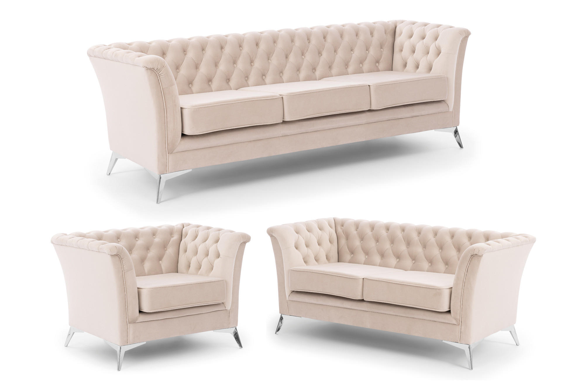 SITZGARNITUR 3+2+1 Chesterfield Whitby Beige Samt mit silbernen Füßen - Beige/Silberfarben, Holz/Textil (237/78/82cm) - S-Style Möbel