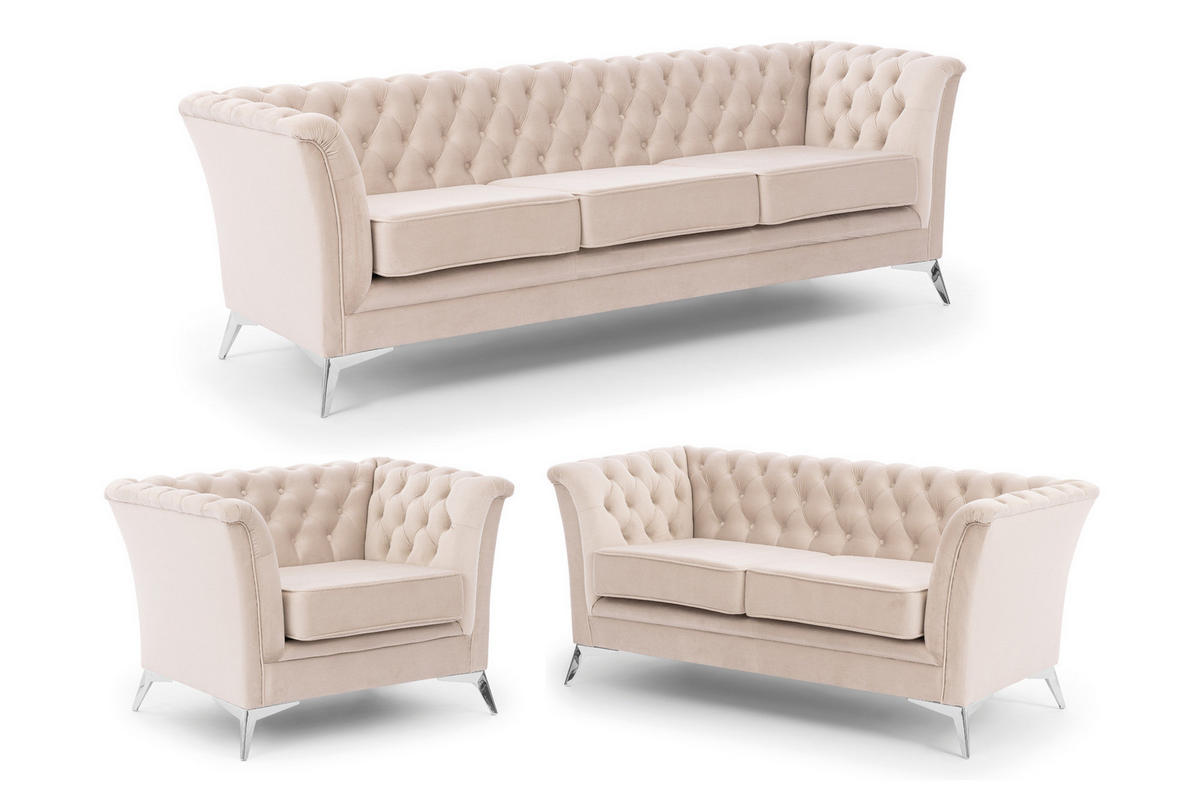 SITZGARNITUR 3+2+1 Chesterfield Whitby Beige Samt mit silbernen Füßen - Beige/Silberfarben, Holz/Textil (237/78/82cm) - S-Style Möbel