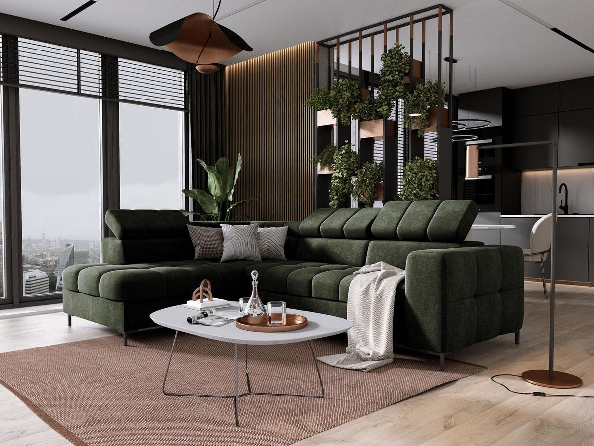 ECKSOFA PABLOS Vogue, L-förmig, Moderne, mit verstellbarem Kopfteil, Schlaf- & Lagermöglichkeiten, freistehend, LINKS 201x279x97 cm Green - Grün, Holz/Textil (201/279cm) - DomoHome