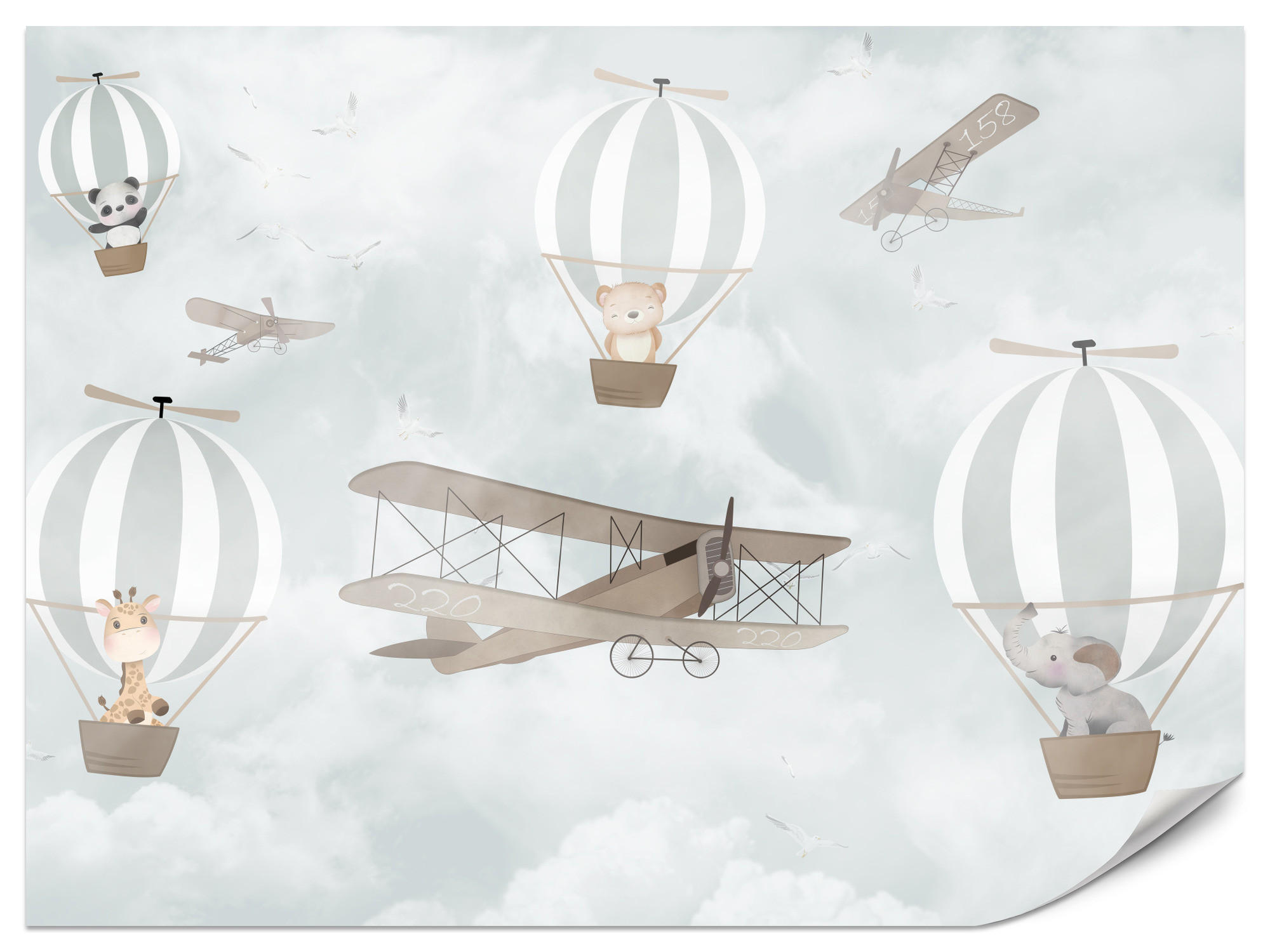 FOTOTAPETE für Kinderzimmer Ballons Tiere Wolken Flugzeuge Fantasie Retro 350x256 - Beige/Braun, Papier (350/256cm) - Muralo