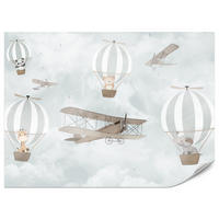 FOTOTAPETE für Kinderzimmer Ballons Tiere Wolken Flugzeuge Fantasie Retro 350x256 - Beige/Braun, Papier (350/256cm) - Muralo