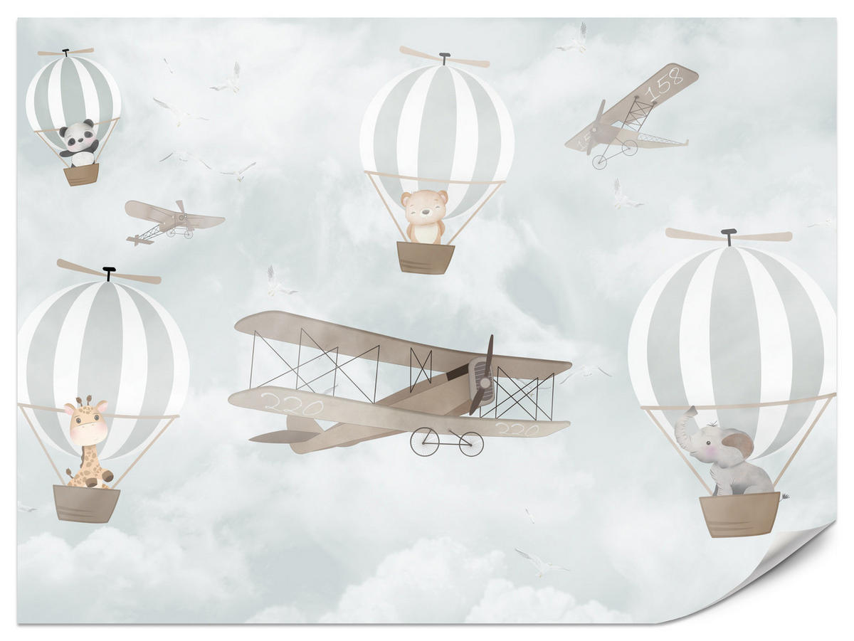 FOTOTAPETE für Kinderzimmer Ballons Tiere Wolken Flugzeuge Fantasie Retro 350x256 - Beige/Braun, Papier (350/256cm) - Muralo
