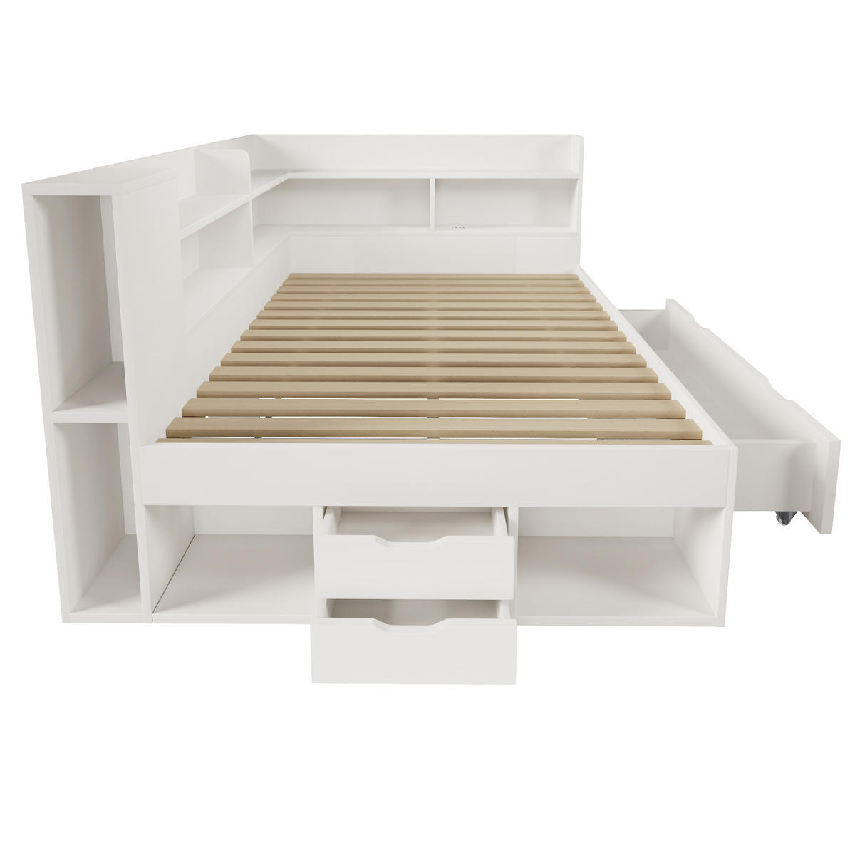 DENNÁ posteľ 140/200 cm biela s LED osvetlením úložným priestorom a USB nabíjaním z MDF a drevotriesky - biela, textil (140/200cm) - OKWISH