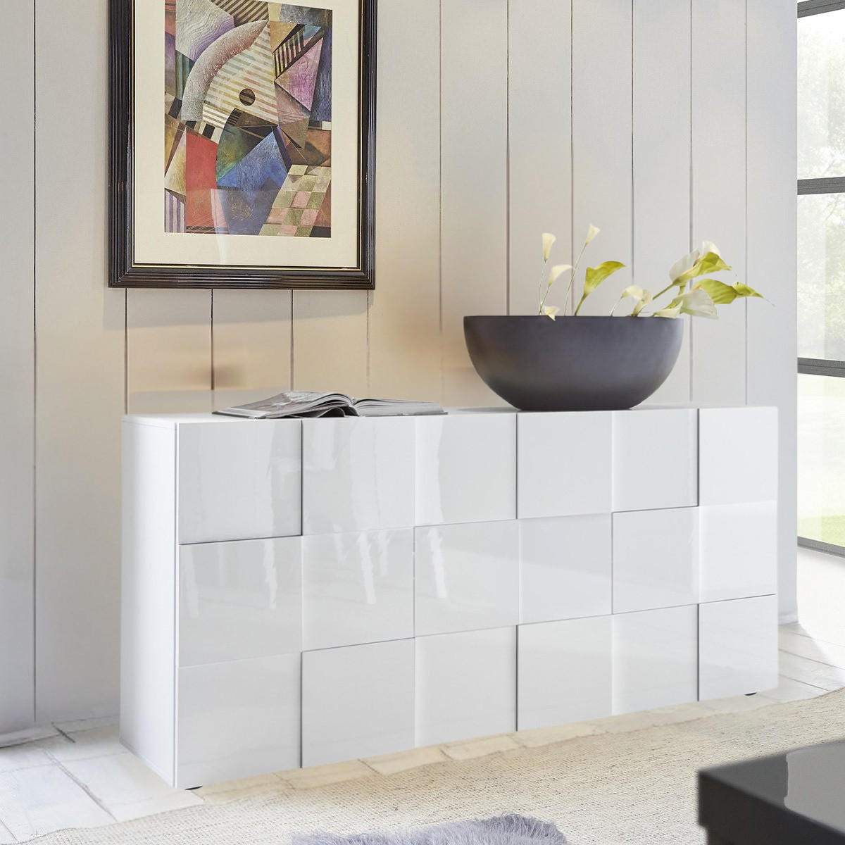 SIDEBOARD Dama 3 Türen im Schachbrettmuster-Stil - L181 cm - Weiß, Holzwerkstoff (42/84/181cm) - Calicosy