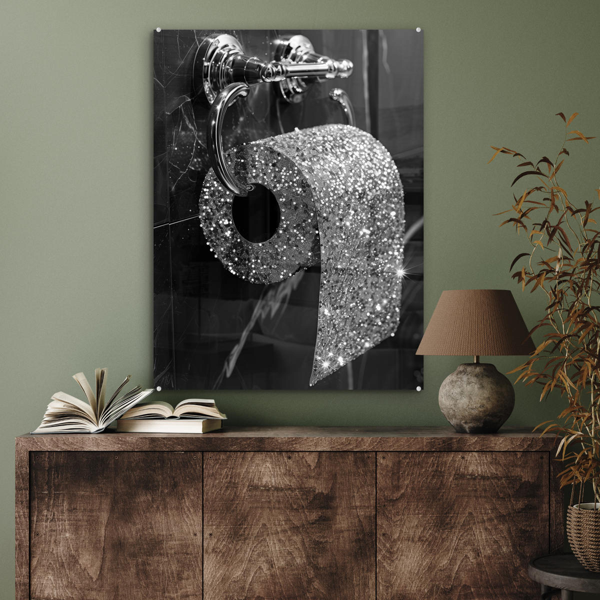 ACRYLGLASBILD WC - Toilettenpapier - Schwarz und weiß - Glitter 60x80 cm - Silberfarben, Glas (60/80cm) - MuchoWow