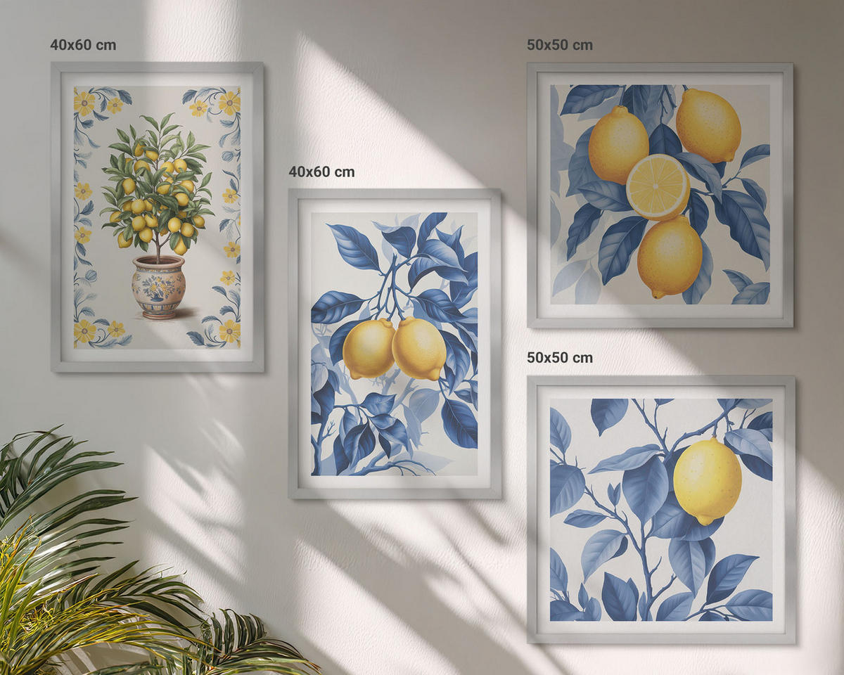 BILDER SET 4er Set - 50x50 cm & 40x60 cm Silberner Rahmen - Zitronenzweige mit blauen Blättern - Silberfarben, Kunststoff (50/50cm) - TULUP