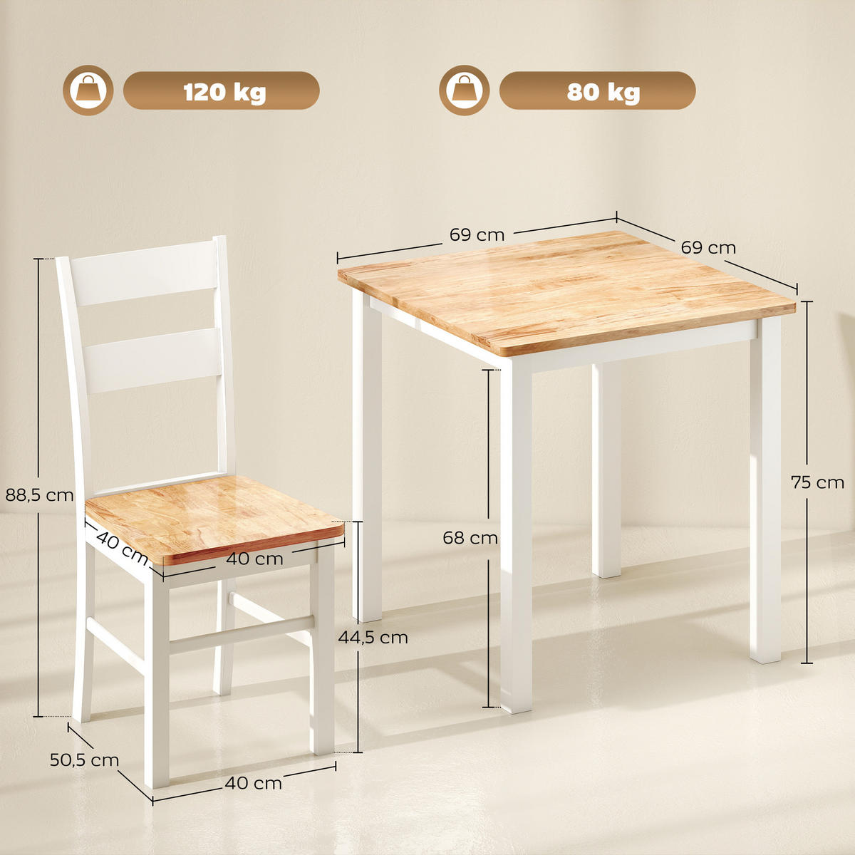 ESSTISCH 69 x 69 cm Esszimmerstühle 2er Set Küchentisch für 2-4 Personen Eiche - Eichefarben/Weiß, Holz (69/75/69cm) - HOMCOM