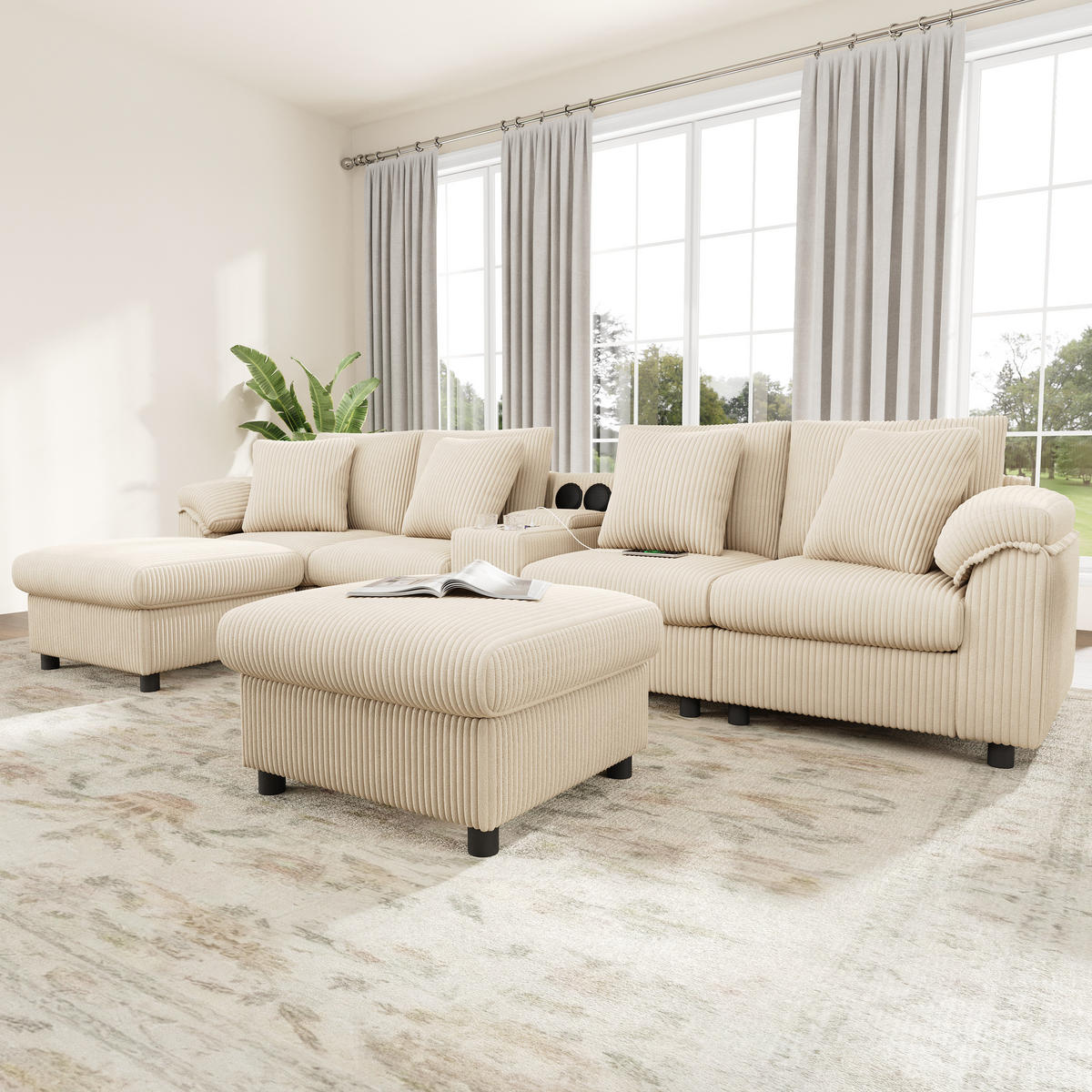 WOHNLANDSCHAFT Cord Beige mit Stauraum, Bluetooth, USB und Type-C - Beige, Holzwerkstoff/Kunststoff (315.5/84.5/144cm) - WISHDOR