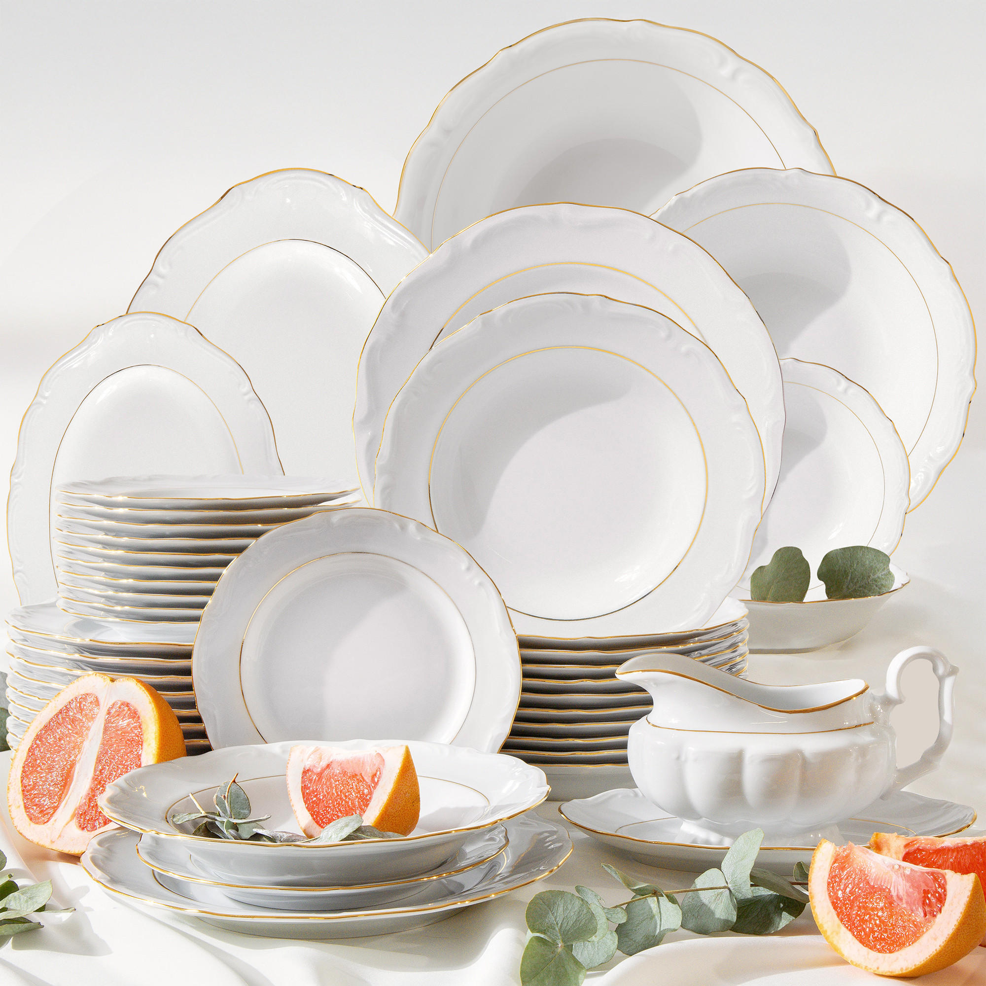 TAFELSERVICE Chodziez MARIA TERESA 44-tlg Porzellan mit Goldrand, Weiß / Gold - Goldfarben/Weiß, Keramik (25/2/25cm) - KONSIMO®