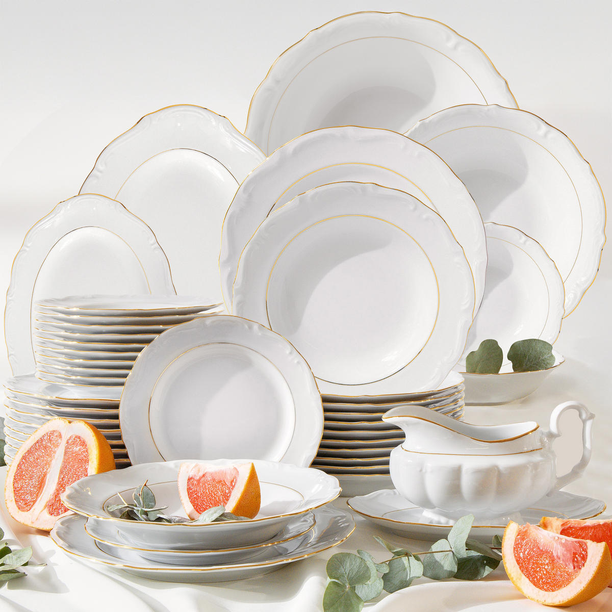 TAFELSERVICE Chodziez MARIA TERESA 44-tlg Porzellan mit Goldrand, Weiß / Gold - Goldfarben/Weiß, Keramik (25/2/25cm) - KONSIMO®