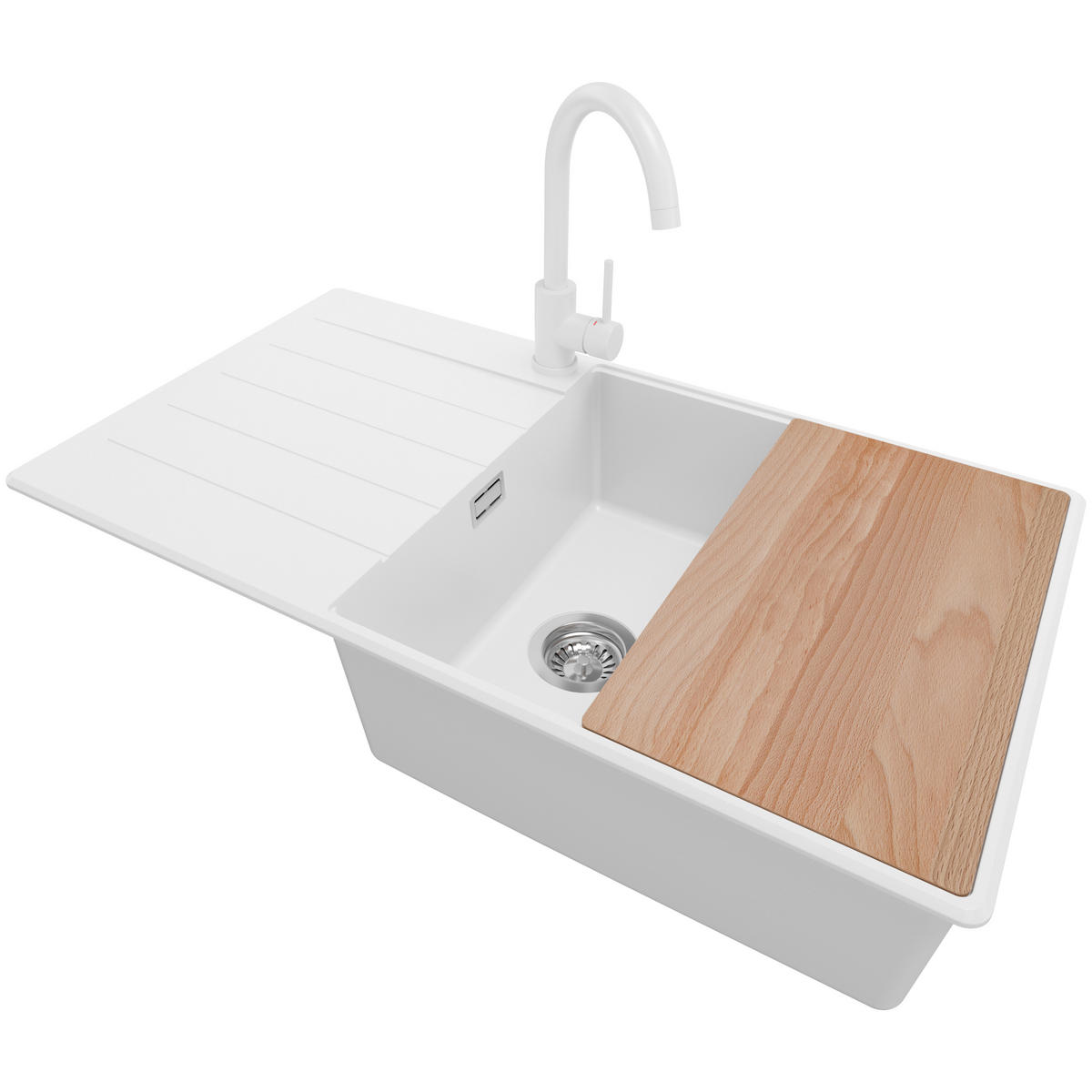 GRANITSPÜLE Kopenhagen, 2-er set Weiß 90/50 cm 1 Becken + Küchenarmatur 32/20 cm + Ablauf-Set + Schneidebrett ab 60er Unterschrank - Chromfarben/Beige, Kunststoff (90/20/50cm) - Primagran